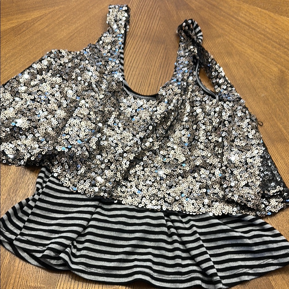 Daytrip Silver Sequin and Black Striped Tank Top